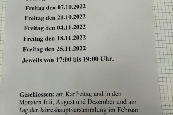 Update: Öffnungszeiten Vereinsheim